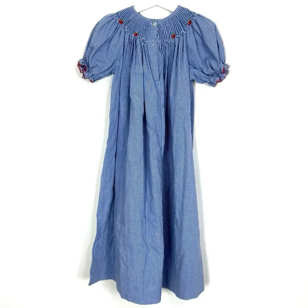 Blue Gingham Smocked Puff-Sleeve Kids Dress